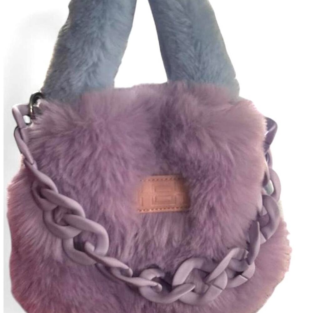 Pastel Pink Blue Lavender Faux Fur Mini Satchel Bag Plastic Removable Bag Chain - Picture 3 of 7
